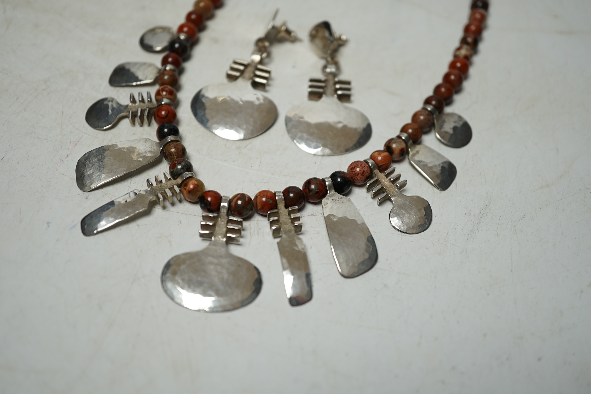 A modern Allan Vallis silver and hardstone bead set fringe necklace and matching drop earrings, necklace, 48cm, hallmarked for London, 1993/4. Condition - good